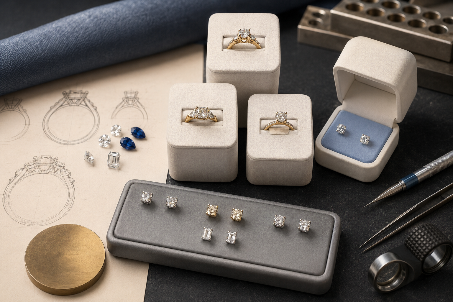 Diamond rings and earrings beside custom jewelry sketches and jeweler tools