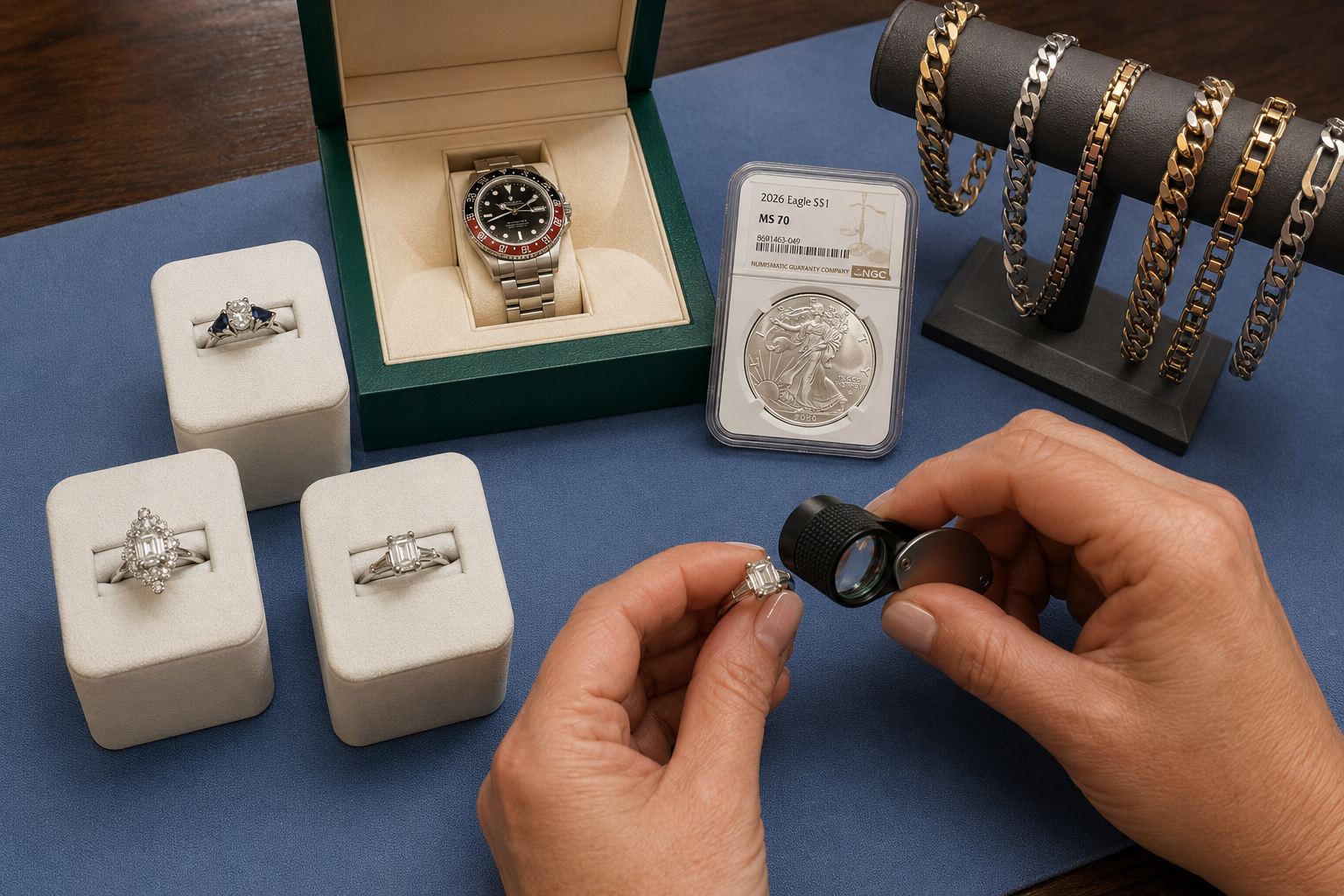 A professional appraiser examining a diamond ring alongside a watch, bracelets and a graded coin