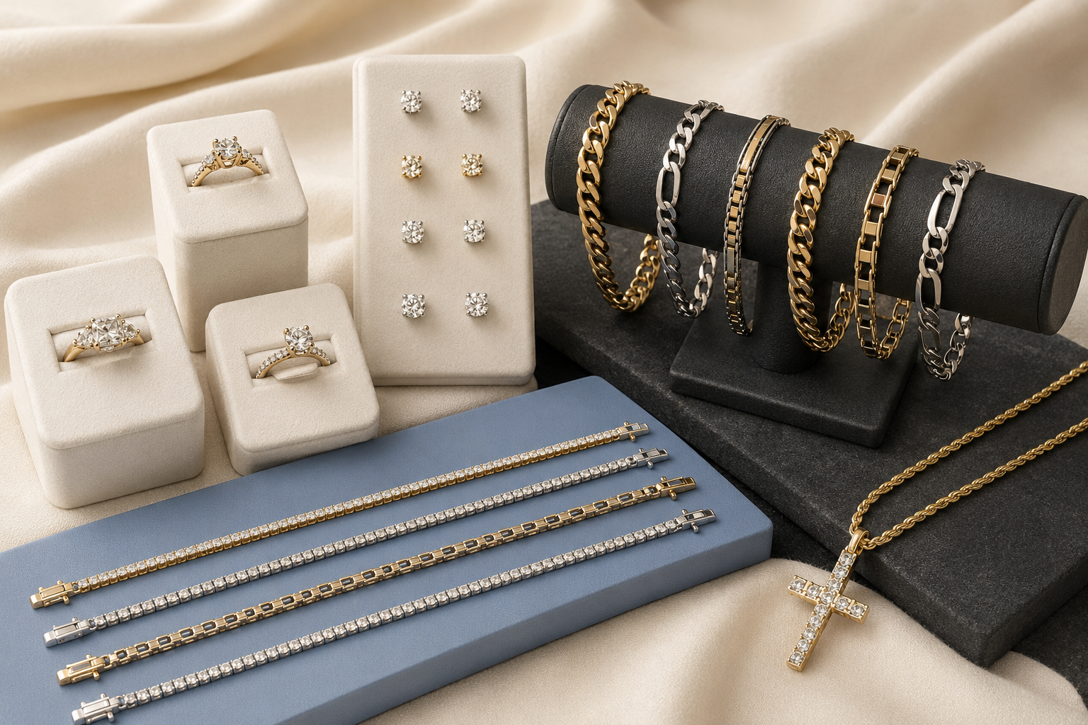 Gold and silver bracelets, diamond rings, earrings and a diamond cross necklace