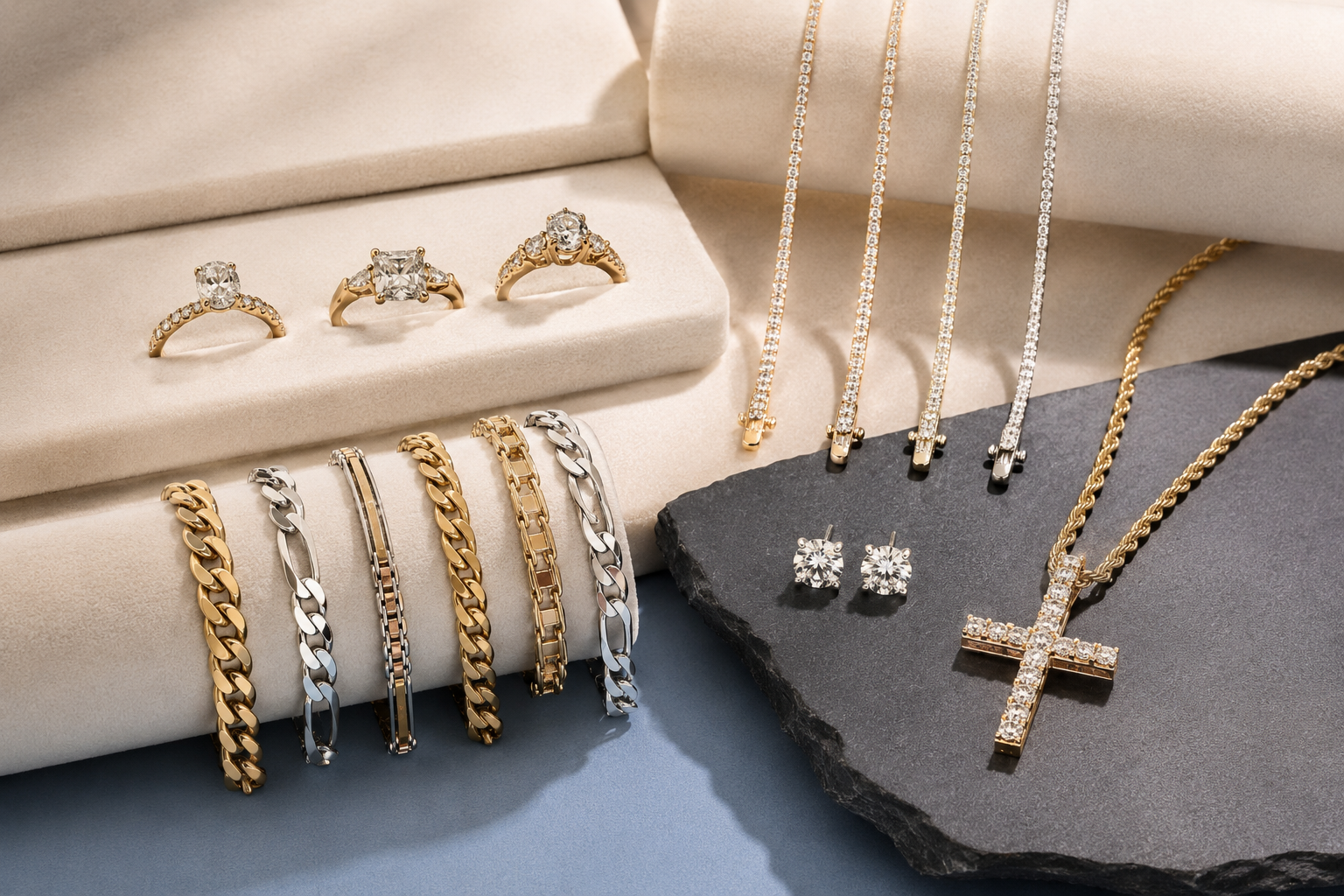 Gold and silver bracelets, diamond rings, earrings and a diamond cross necklace