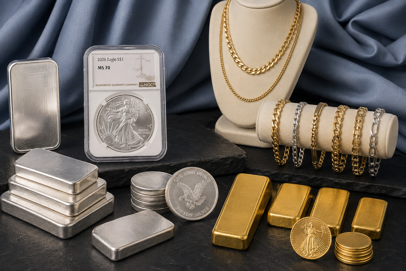 Gold and silver bars, bullion rounds, jewelry and a graded silver coin