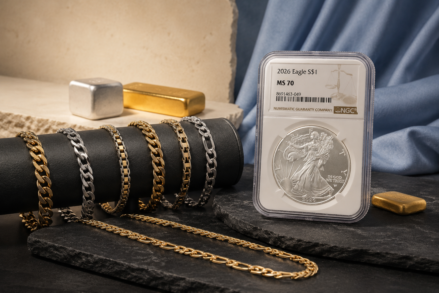 Gold and silver jewelry, precious-metal bars and a graded silver coin