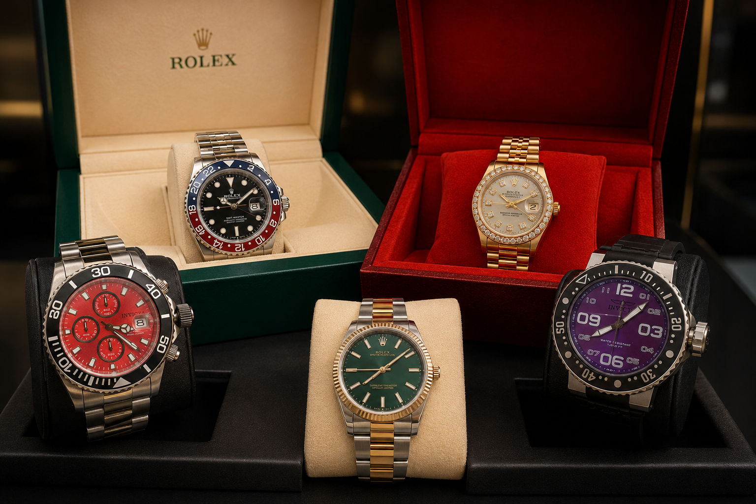 Men's and women's luxury watches displayed in premium presentation boxes