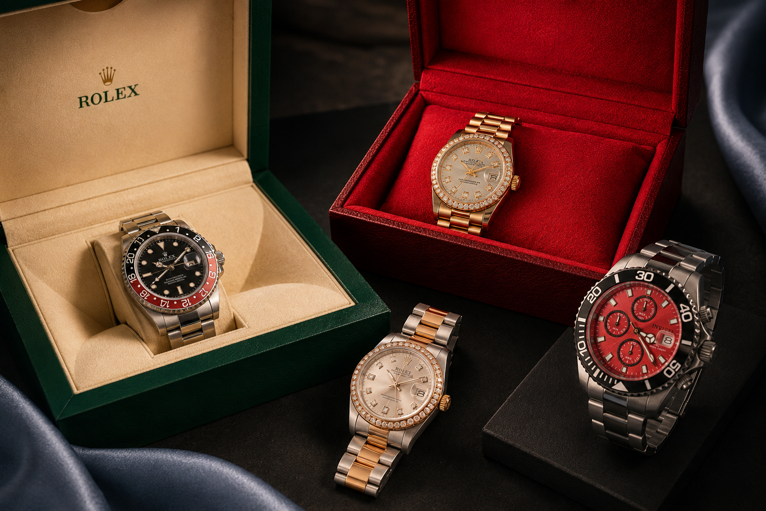 A collection of luxury watches displayed in premium presentation boxes
