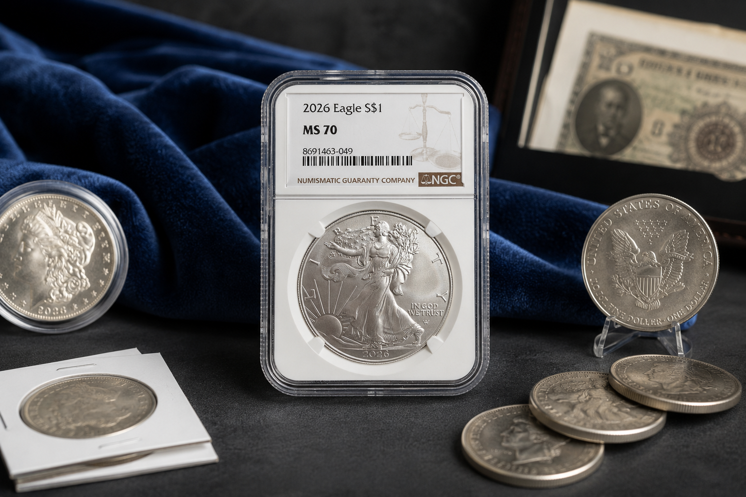 Graded American Silver Eagle, collectible silver coins and historic currency