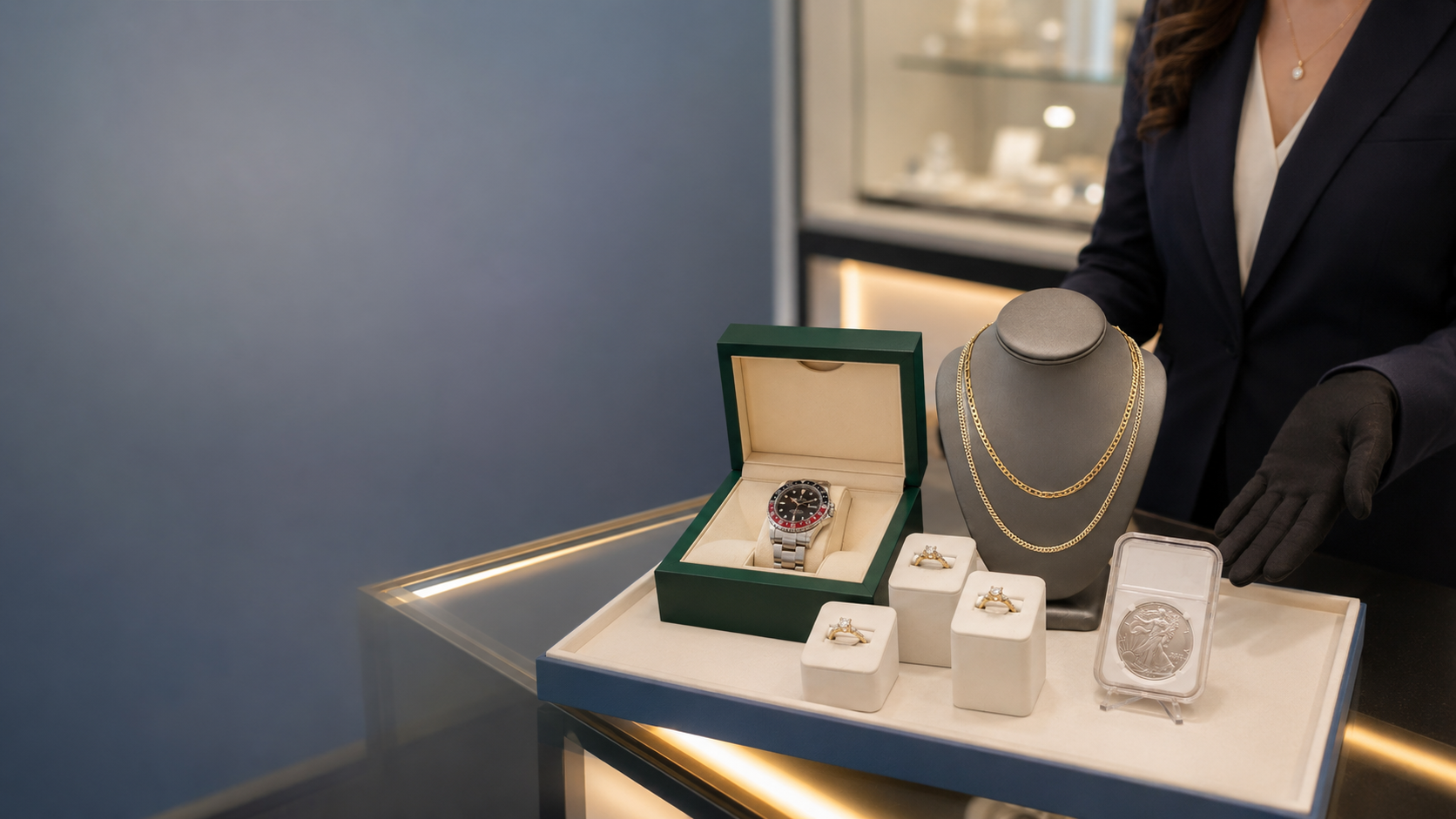 Broadway Jewelry and Rare Coins associate presenting jewelry, watches and collectible coins in the showroom