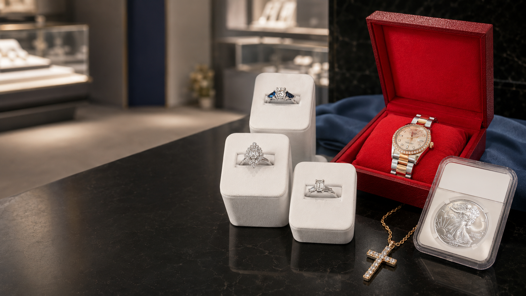 Diamond rings, a luxury watch, graded coin and gold necklace available through Broadway Jewelry and Rare Coins